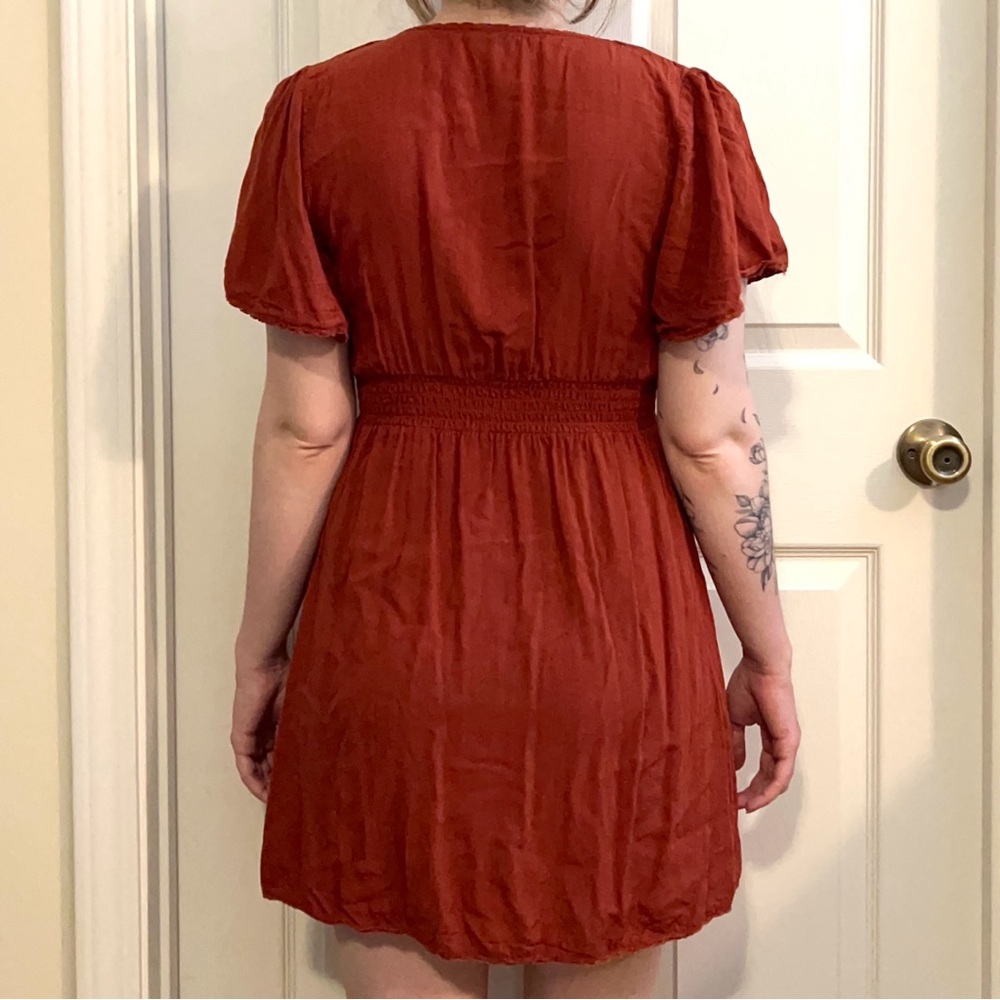 Burnt Orange Button Front Tassel Short Sleeve Mini Dress Size S - Picture 4 of 6